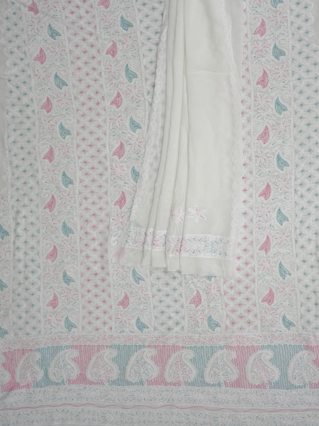 Ada Hand Embroidered White Viscose Georgette Lucknowi Chikankari Unstitched Kurta Dupatta Set With Cutdana Work 01A764516