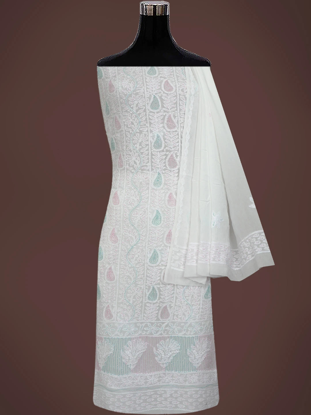 Ada Hand Embroidered White Viscose Georgette Lucknowi Chikankari Unstitched Kurta Dupatta Set With Cutdana Work 01A764518