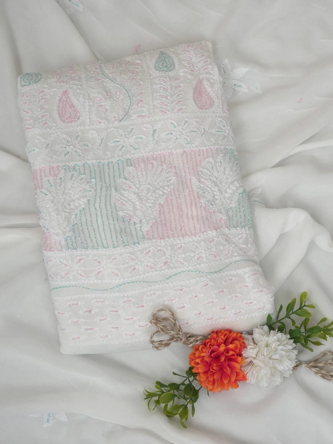 Ada Hand Embroidered White Viscose Georgette Lucknowi Chikankari Unstitched Kurta Dupatta Set With Cutdana Work 01A764518