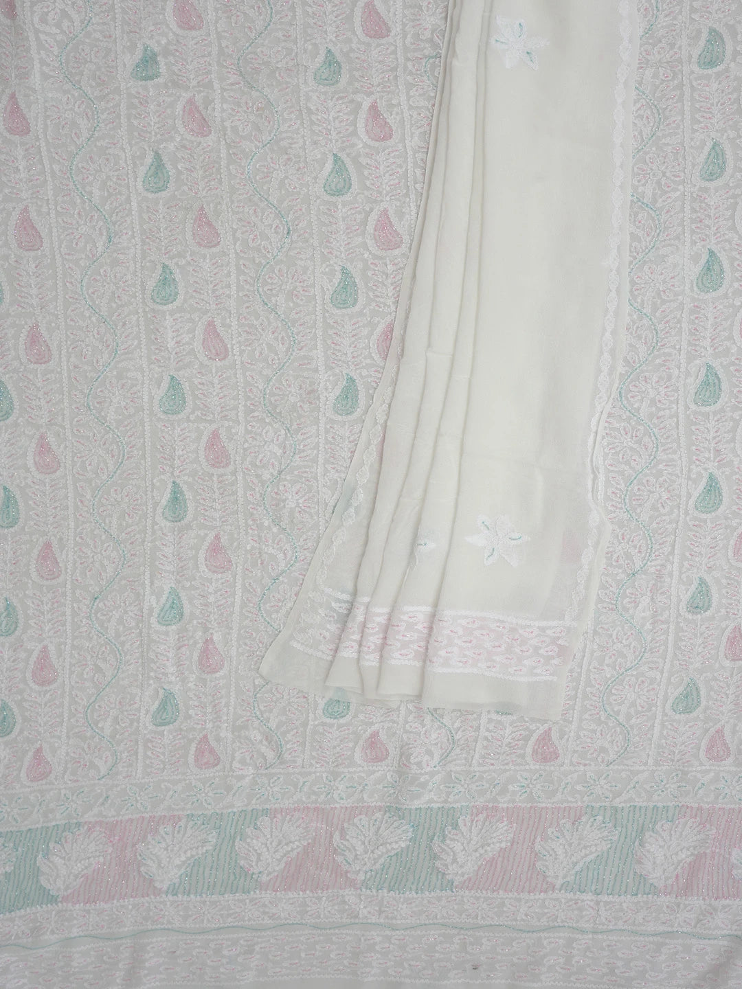 Ada Hand Embroidered White Viscose Georgette Lucknowi Chikankari Unstitched Kurta Dupatta Set With Cutdana Work 01A764518