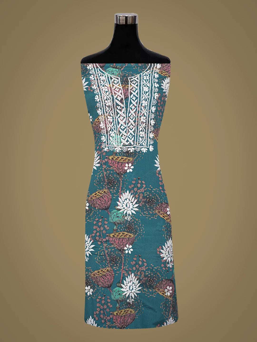 Ada Hand Embroidered Peacock Blue Crepe Floral Printed Lucknowi Chikankari Unstitched Kurta Dupatta Set 01A722852