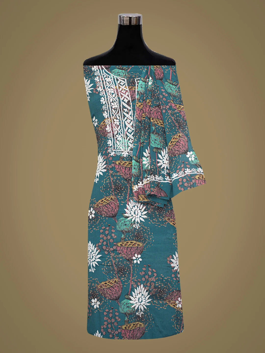 Ada Hand Embroidered Peacock Blue Crepe Floral Printed Lucknowi Chikankari Unstitched Kurta Dupatta Set 01A722852