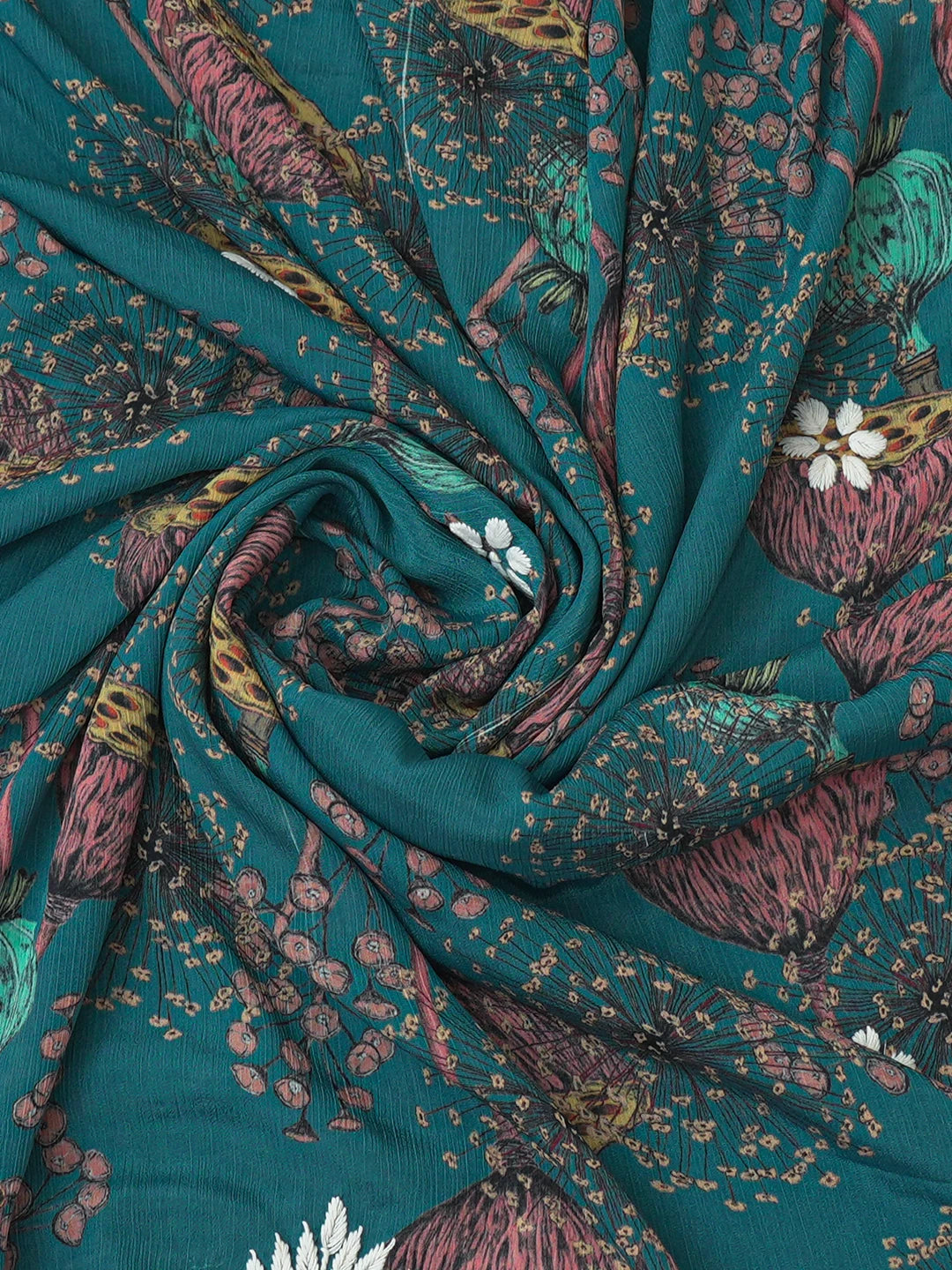 Ada Hand Embroidered Peacock Blue Crepe Floral Printed Lucknowi Chikankari Unstitched Kurta Dupatta Set 01A722852
