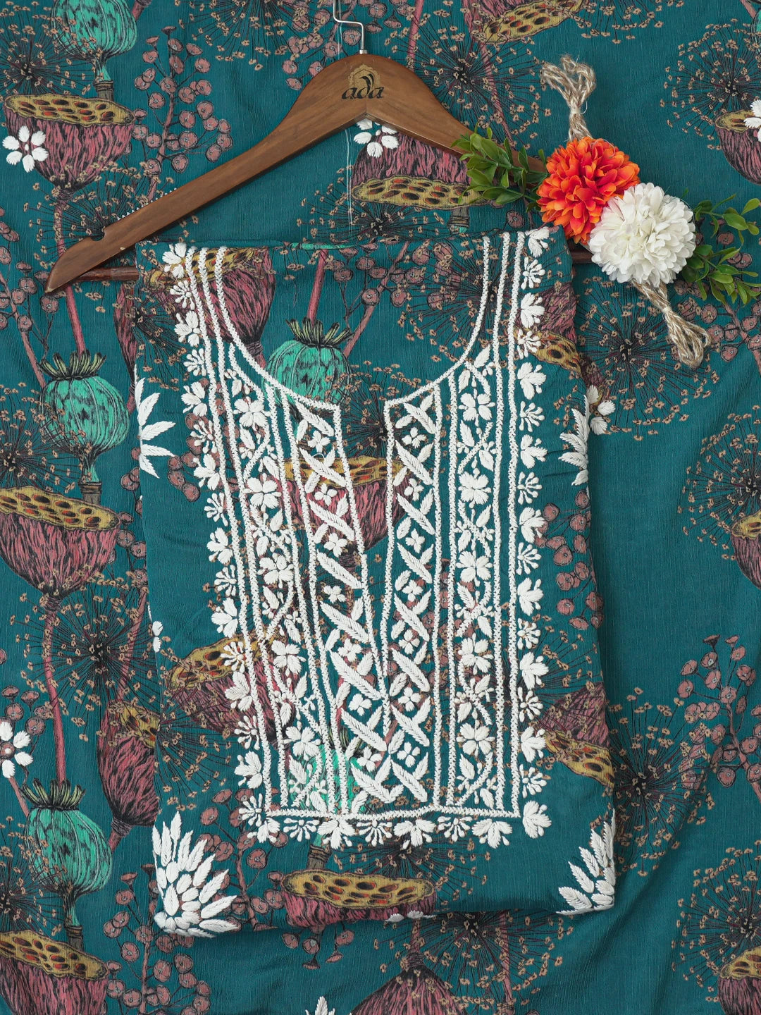 Ada Hand Embroidered Peacock Blue Crepe Floral Printed Lucknowi Chikankari Unstitched Kurta Dupatta Set 01A722852