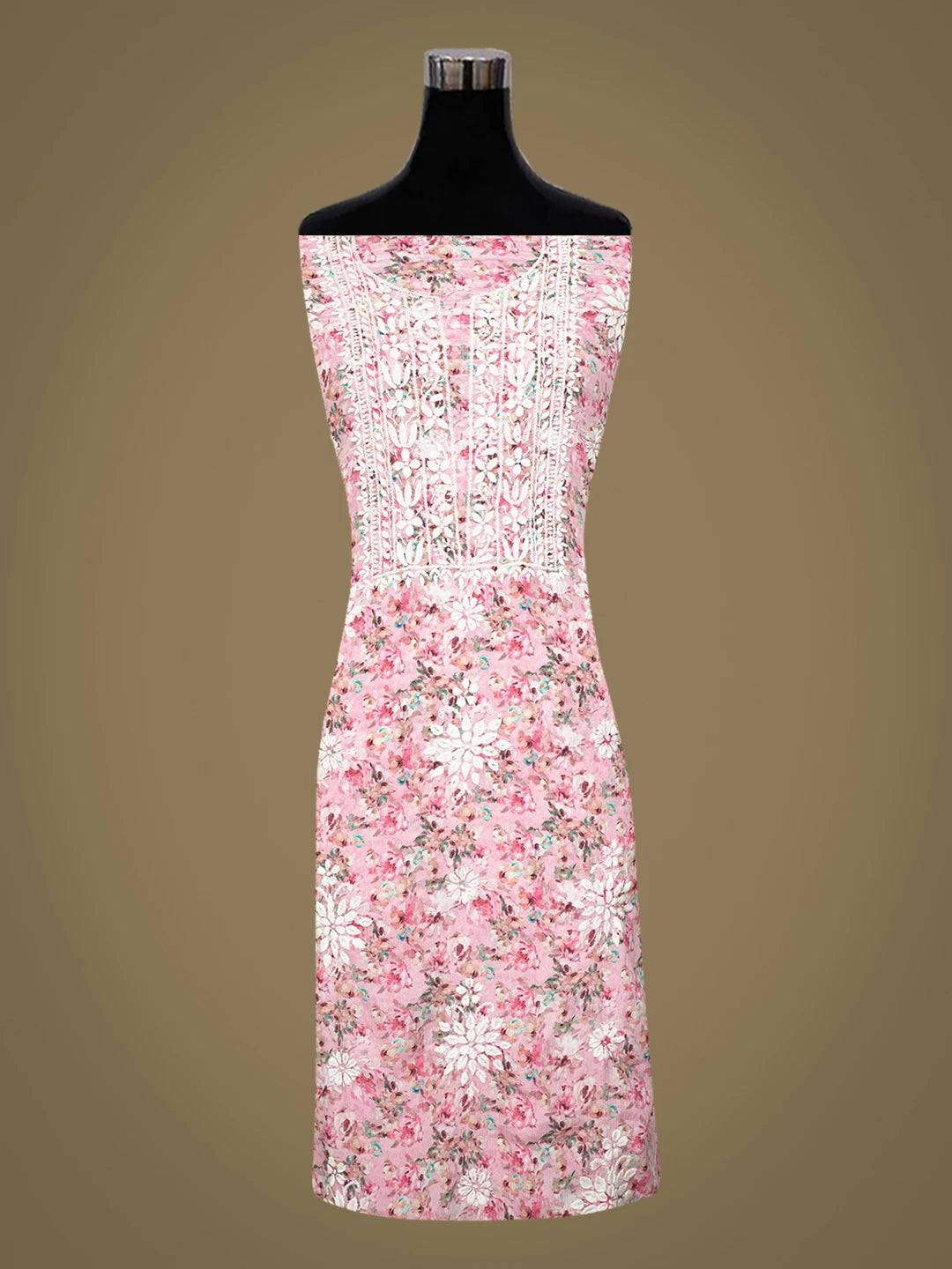 Ada Hand Embroidered Pink Crepe Floral Printed Lucknowi Chikankari Unstitched Kurta Dupatta Set 01A723051