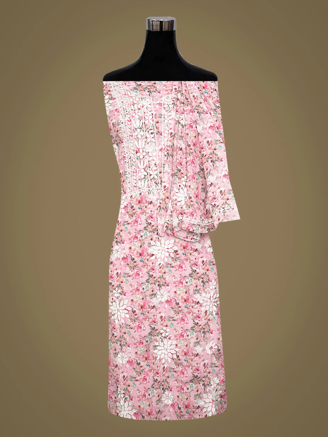 Ada Hand Embroidered Pink Crepe Floral Printed Lucknowi Chikankari Unstitched Kurta Dupatta Set 01A723051