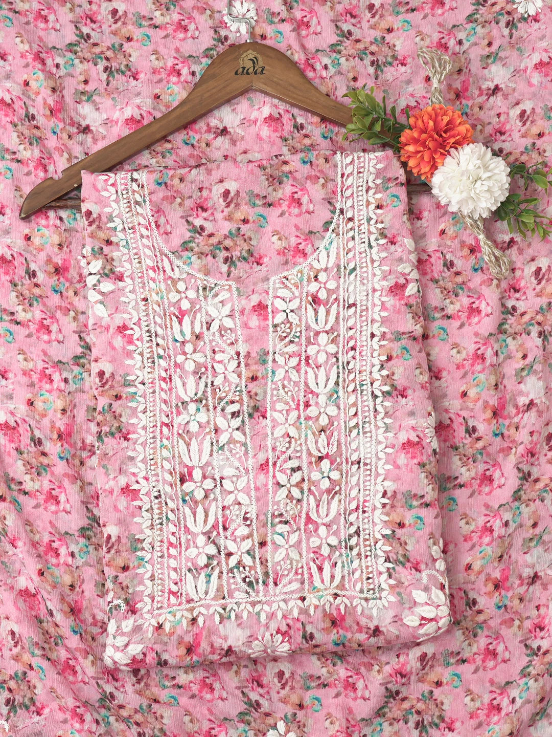 Ada Hand Embroidered Pink Crepe Floral Printed Lucknowi Chikankari Unstitched Kurta Dupatta Set 01A723051