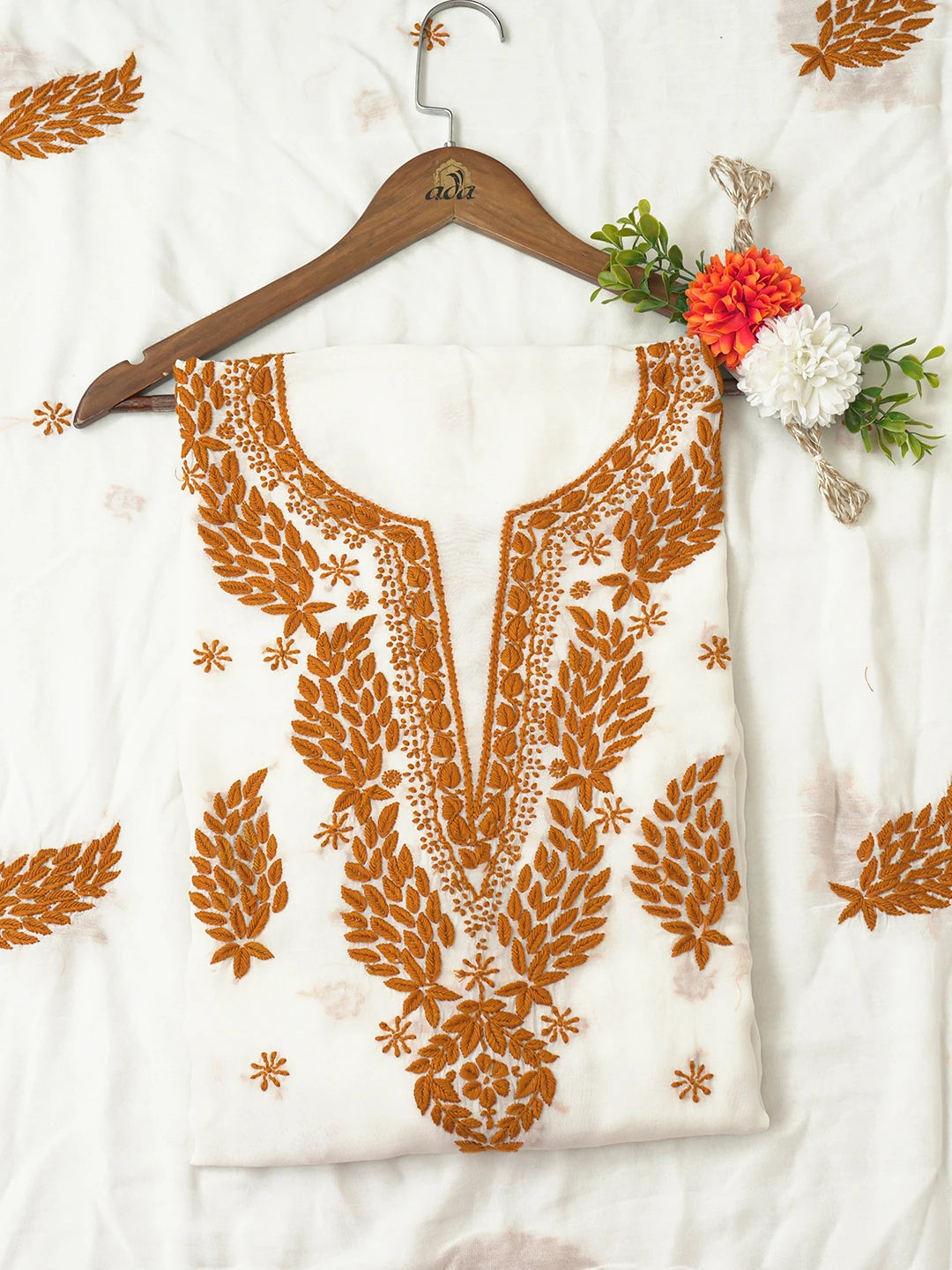 Ada Hand Embroidered White Muslin Lucknowi Chikankari Unstitched Kurta Dupatta Set 01A470961