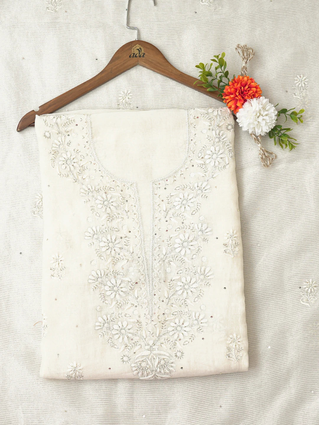 Ada Hand Embroidered White Chanderi Lucknowi Chikankari Unstitched Kurta Dupatta Set With Cutdana Work 01A732051