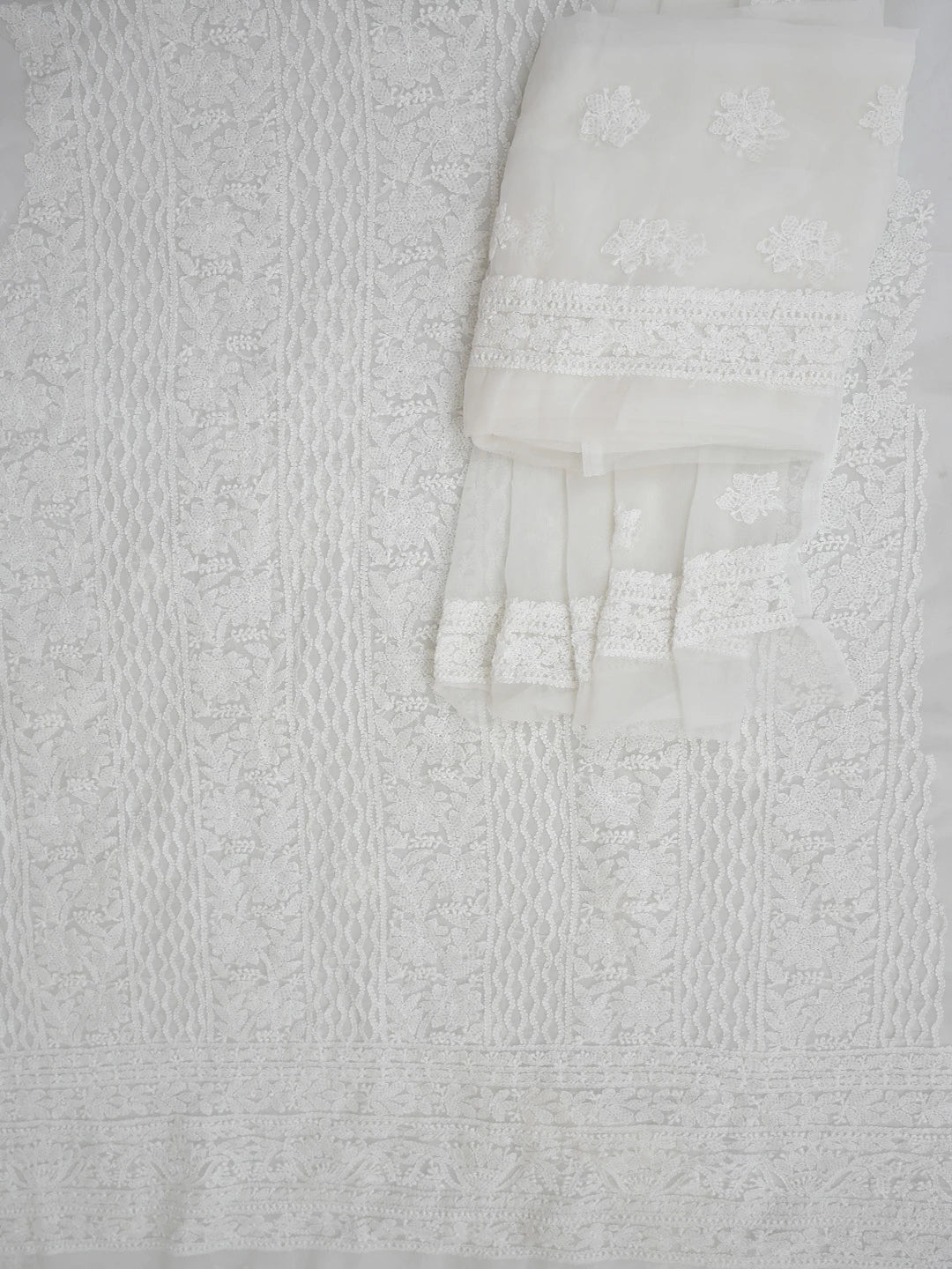Ada Hand Embroidered White Georgette Lucknowi Chikankari Unstitched Suit Piece 01A765410