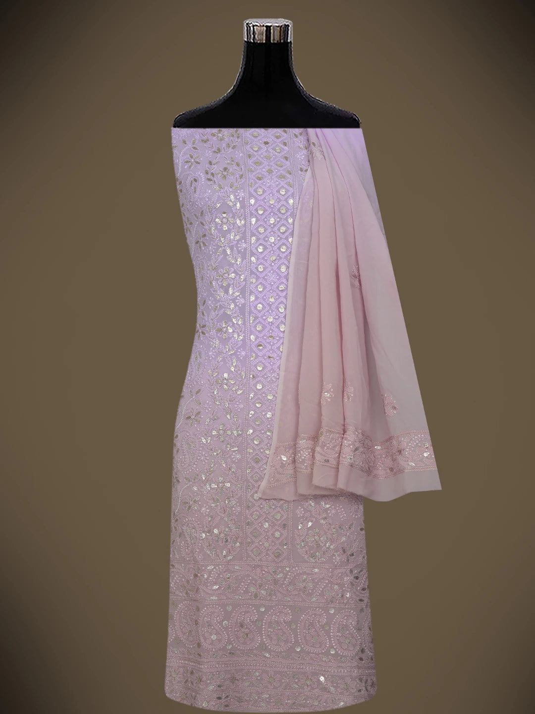 Ada Hand Embroidered Ombre Lavender & Dusty Peach Viscose Georgette Lucknowi Chikankari Unstitched Kurta Dupatta Set With Gotta Patti Work 01A751173