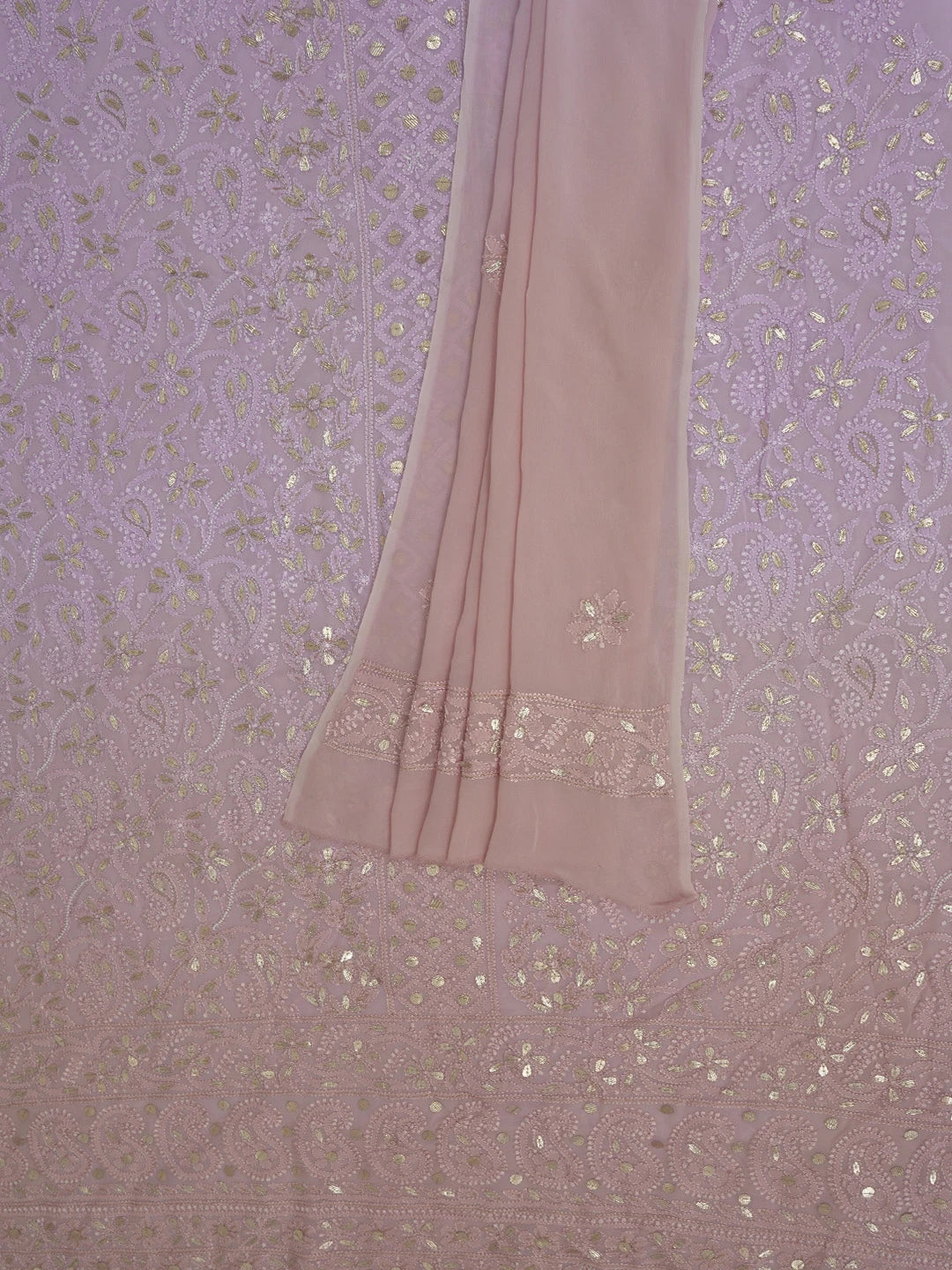 Ada Hand Embroidered Ombre Lavender & Dusty Peach Viscose Georgette Lucknowi Chikankari Unstitched Kurta Dupatta Set With Gotta Patti Work 01A751173
