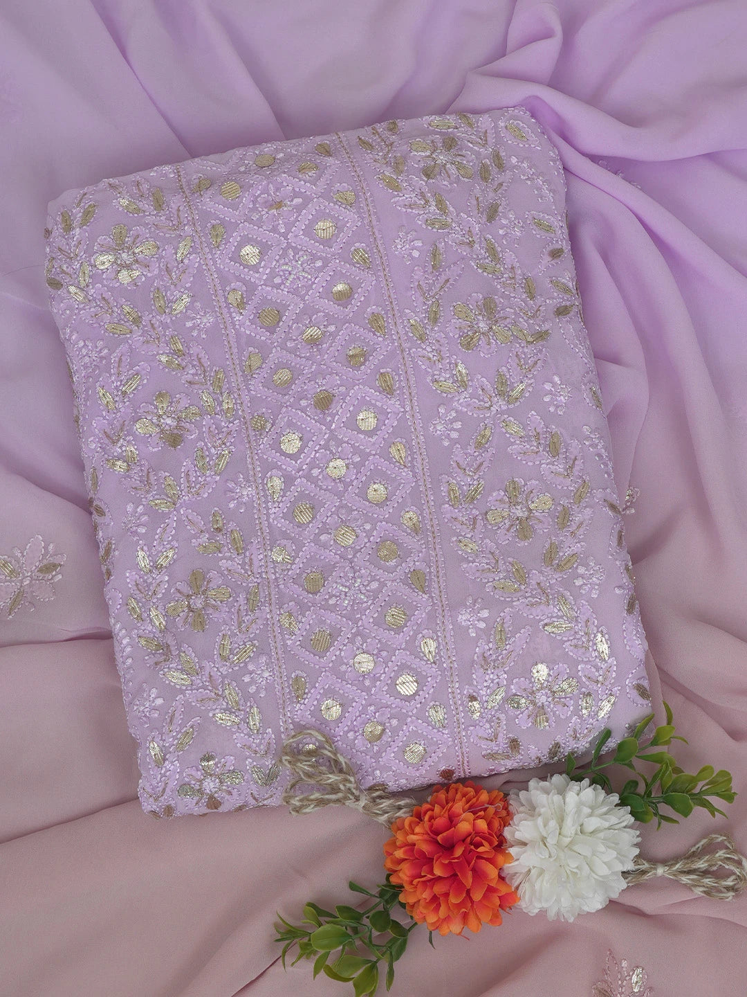 Ada Hand Embroidered Ombre Lavender & Dusty Peach Viscose Georgette Lucknowi Chikankari Unstitched Kurta Dupatta Set With Gotta Patti Work 01A751173