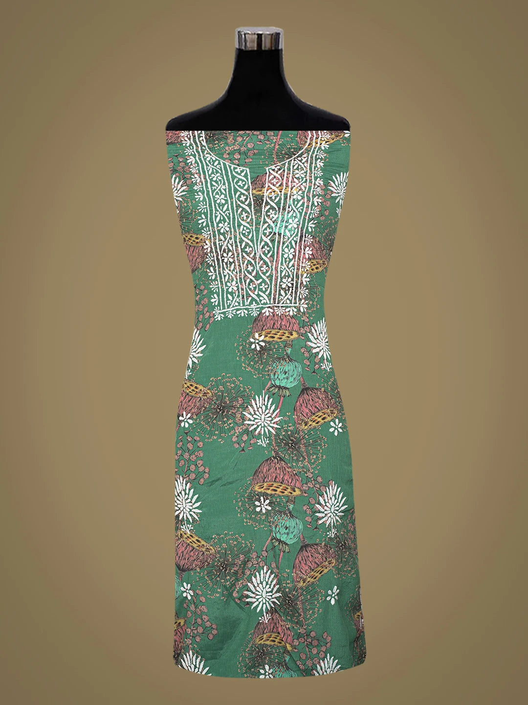 Ada Hand Embroidered Teal Green Crepe Floral Printed Lucknowi Chikankari Unstitched Kurta Dupatta Set 01A723061