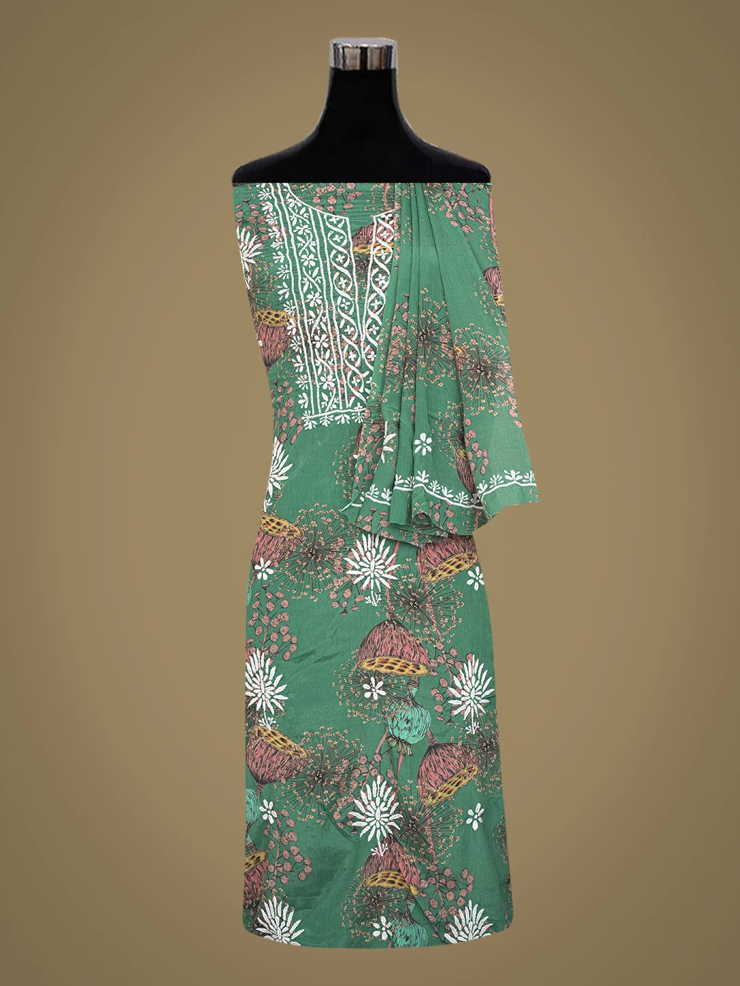 Ada Hand Embroidered Teal Green Crepe Floral Printed Lucknowi Chikankari Unstitched Kurta Dupatta Set 01A723061