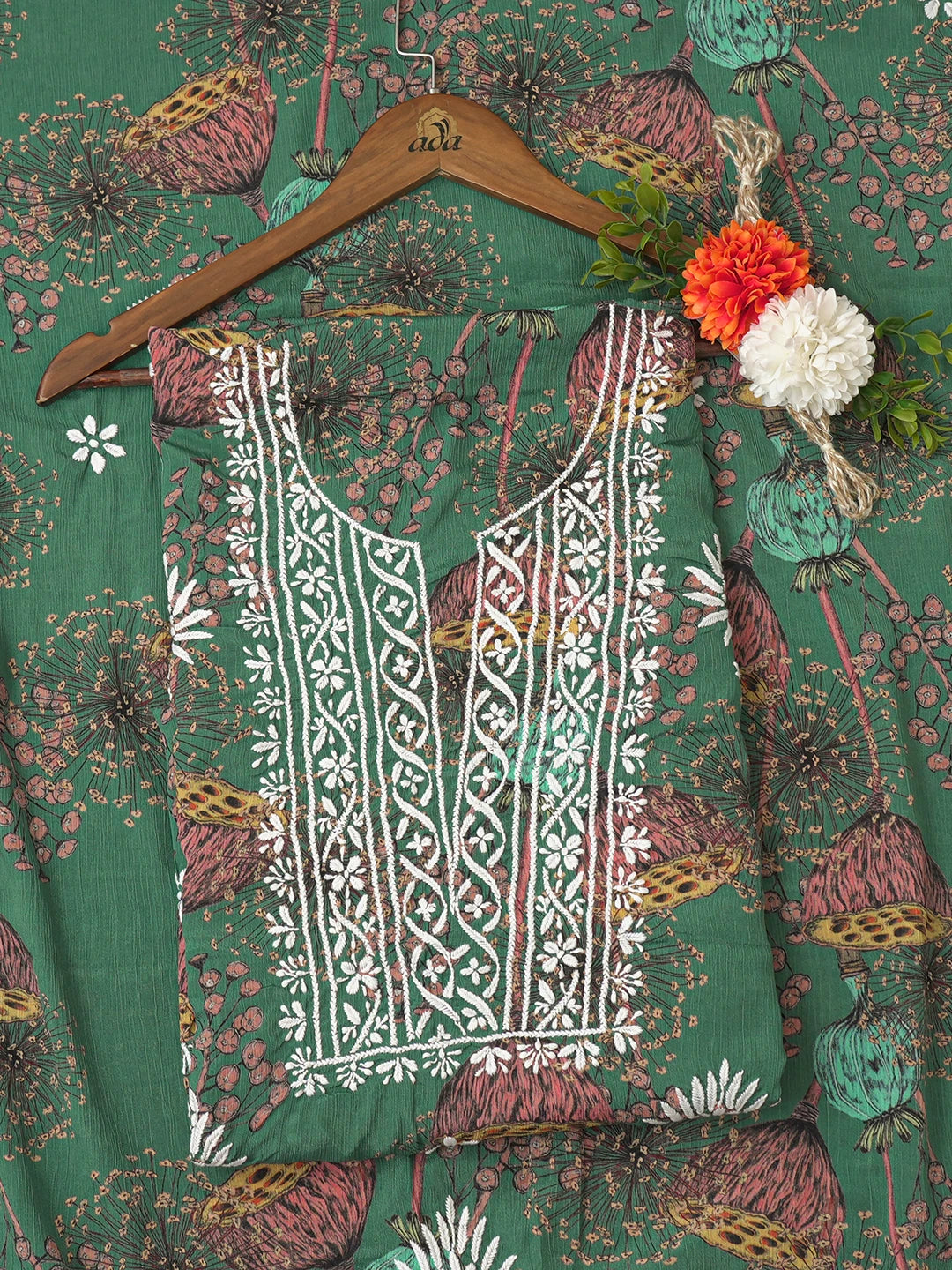 Ada Hand Embroidered Teal Green Crepe Floral Printed Lucknowi Chikankari Unstitched Kurta Dupatta Set 01A723061