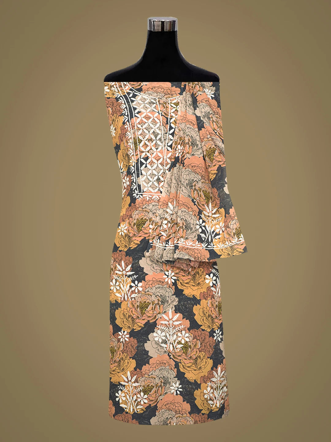 Ada Hand Embroidered Mustard Crepe Floral Printed Lucknowi Chikankari Unstitched Kurta Dupatta Set 01A723085