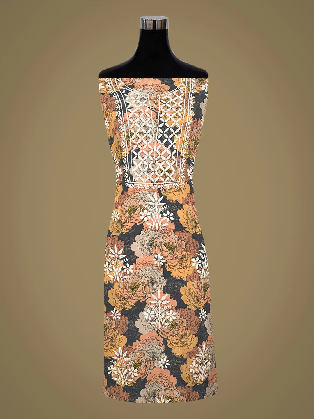 Ada Hand Embroidered Mustard Crepe Floral Printed Lucknowi Chikankari Unstitched Kurta Dupatta Set 01A723085