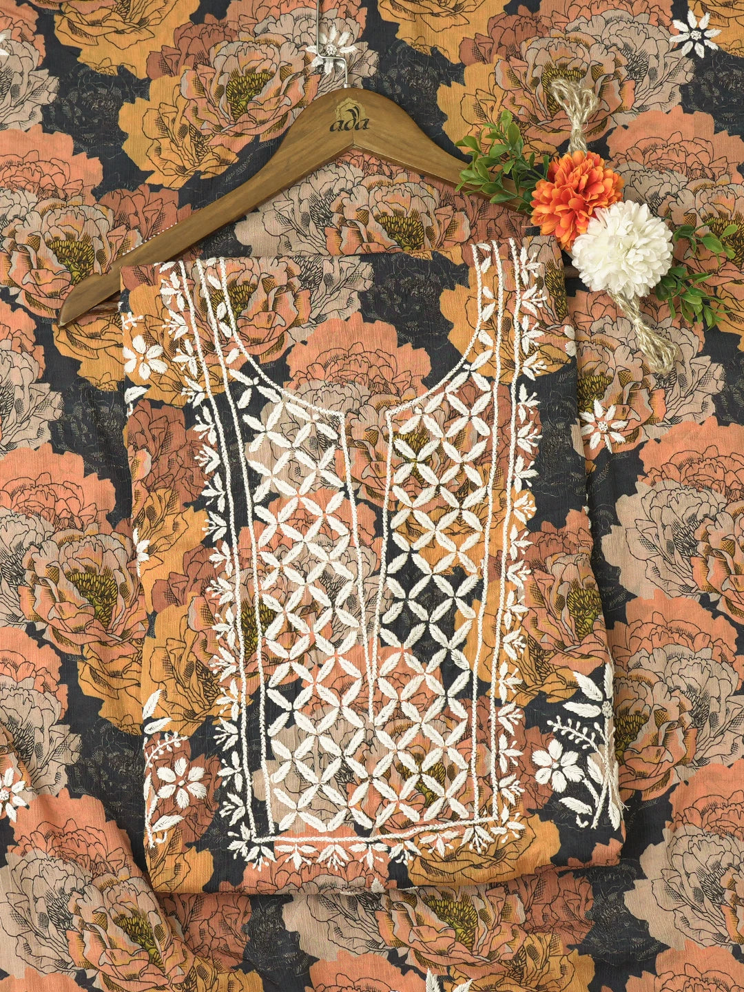 Ada Hand Embroidered Mustard Crepe Floral Printed Lucknowi Chikankari Unstitched Kurta Dupatta Set 01A723085
