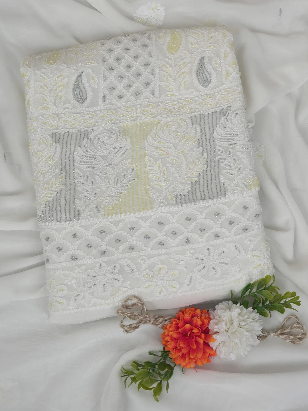 Ada Hand Embroidered White Viscose Georgette Lucknowi Chikankari Unstitched Kurta Dupatta Set With Cutdana Work 01A764513