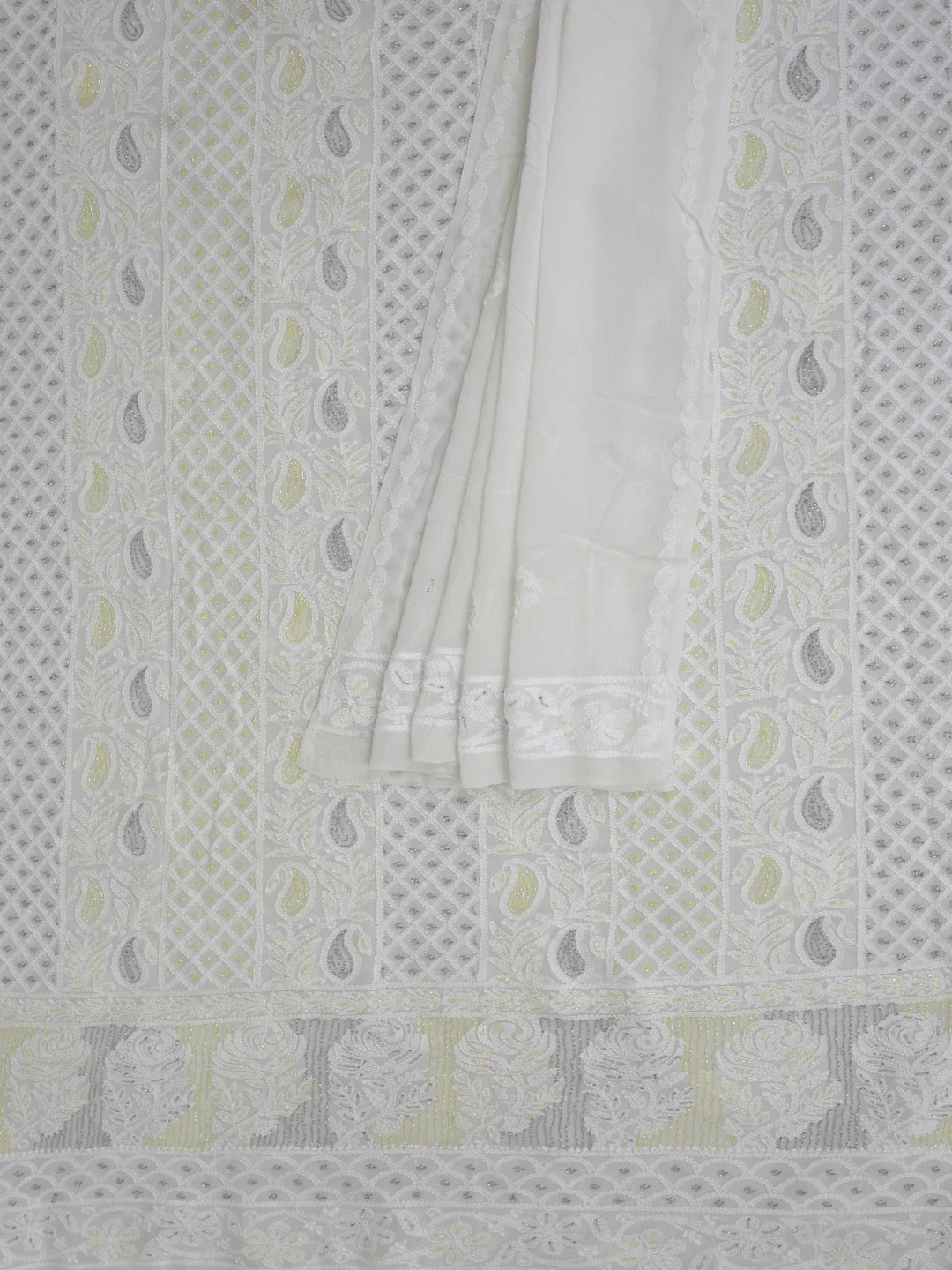 Ada Hand Embroidered White Viscose Georgette Lucknowi Chikankari Unstitched Kurta Dupatta Set With Cutdana Work 01A764513