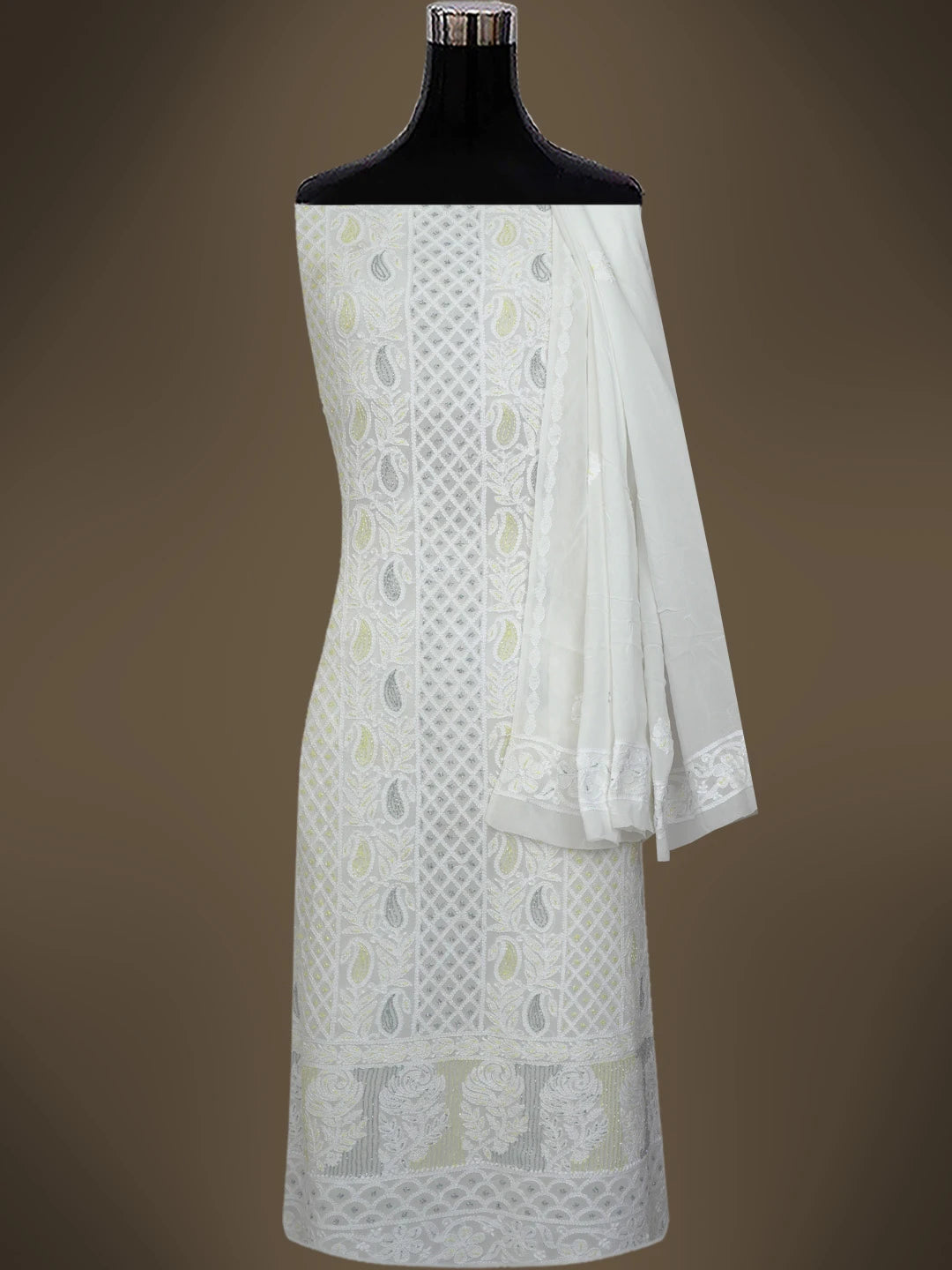 Ada Hand Embroidered White Viscose Georgette Lucknowi Chikankari Unstitched Kurta Dupatta Set With Cutdana Work 01A764513