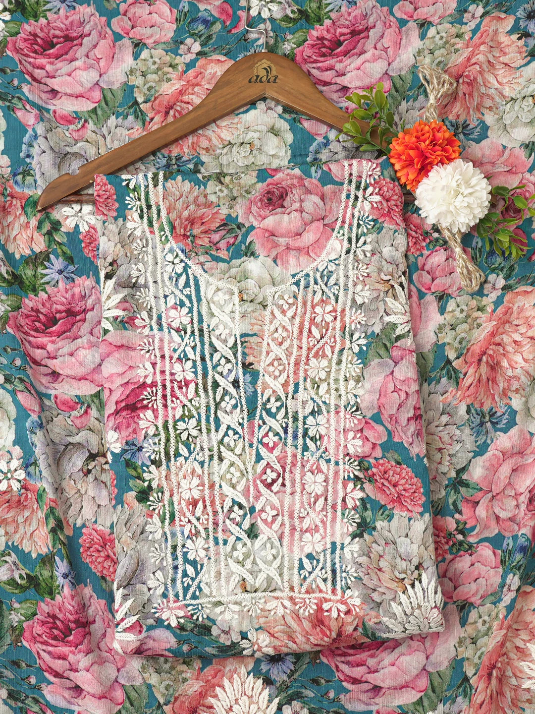 Ada Hand Embroidered Blue Crepe Floral Printed Lucknowi Chikankari Unstitched Kurta Dupatta Set 01A722952