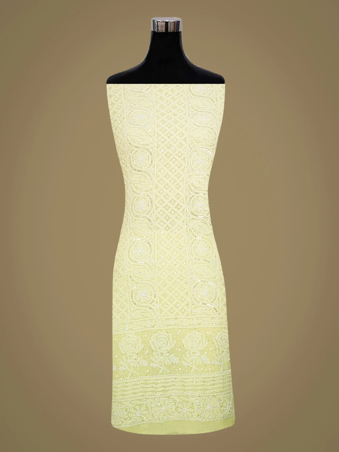 Ada Hand Embroidered Lime Green Pure Georgette Lucknowi Chikankari Unstitched Kurta Dupatta Set 01A382777