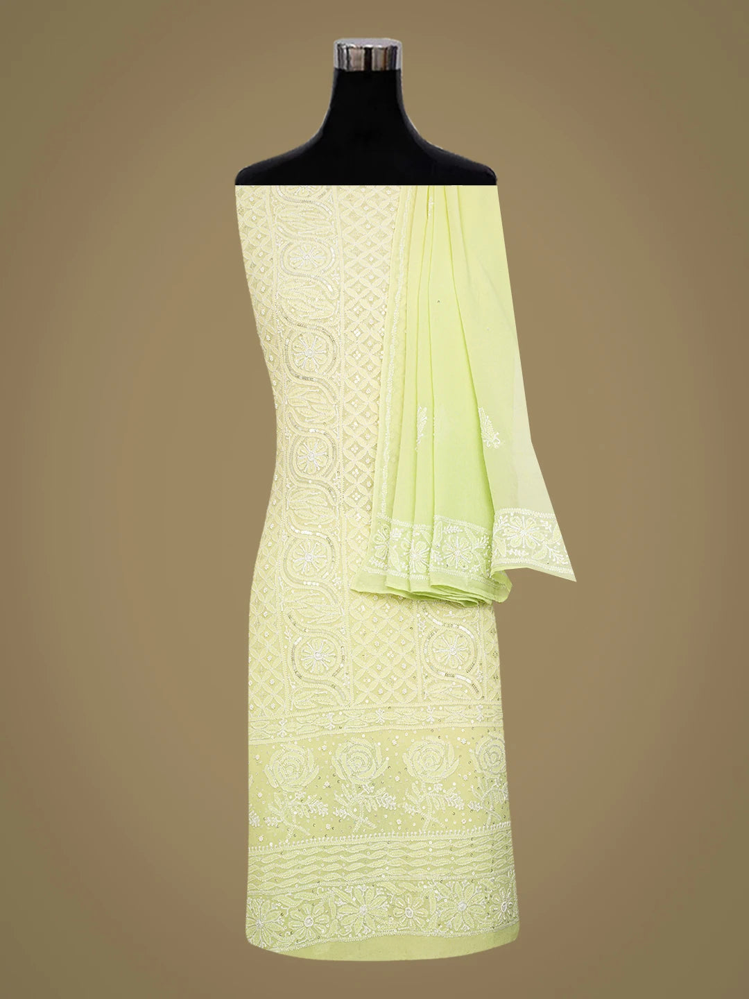 Ada Hand Embroidered Lime Green Pure Georgette Lucknowi Chikankari Unstitched Kurta Dupatta Set 01A382777