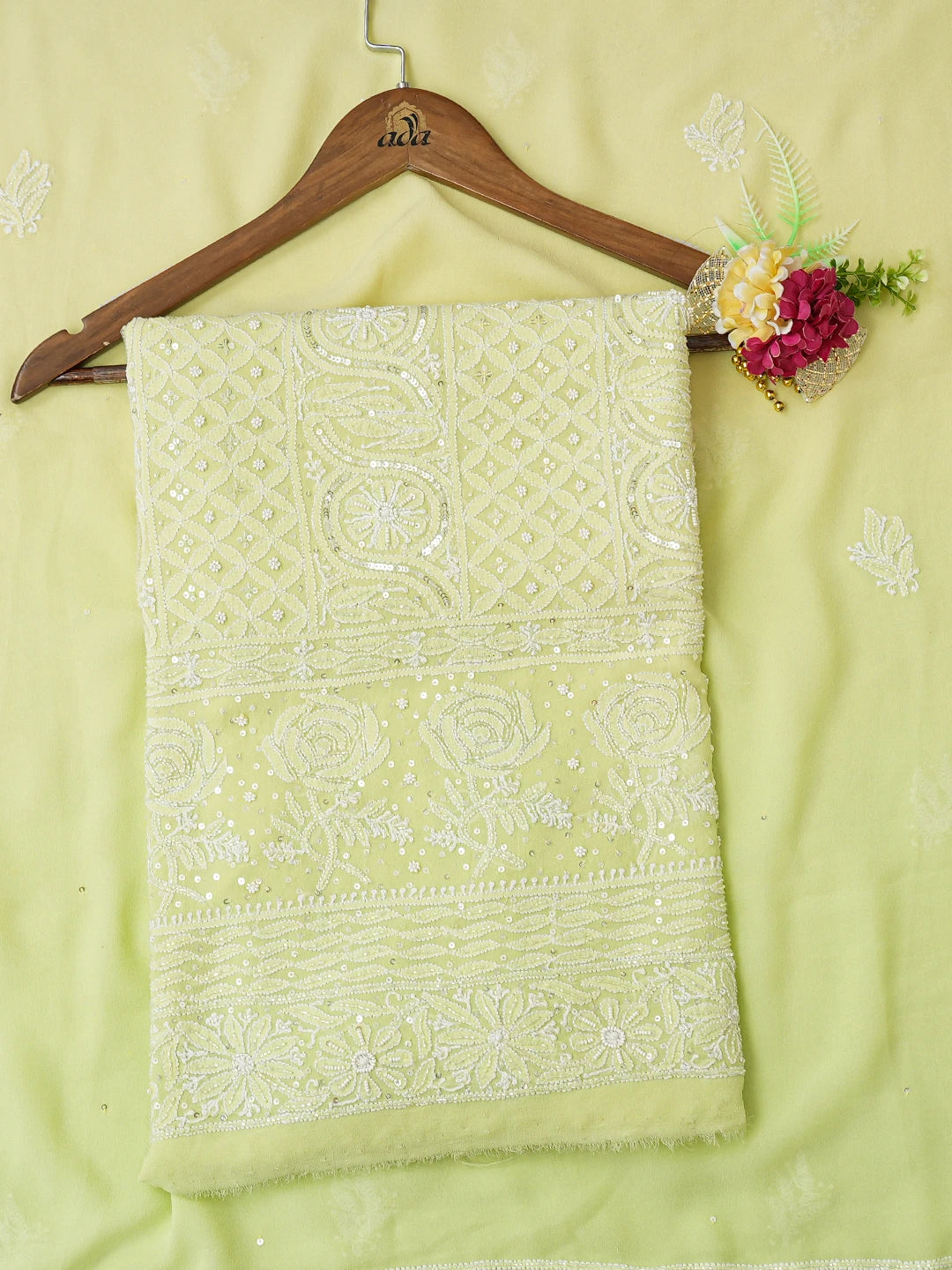 Ada Hand Embroidered Lime Green Pure Georgette Lucknowi Chikankari Unstitched Kurta Dupatta Set 01A382777