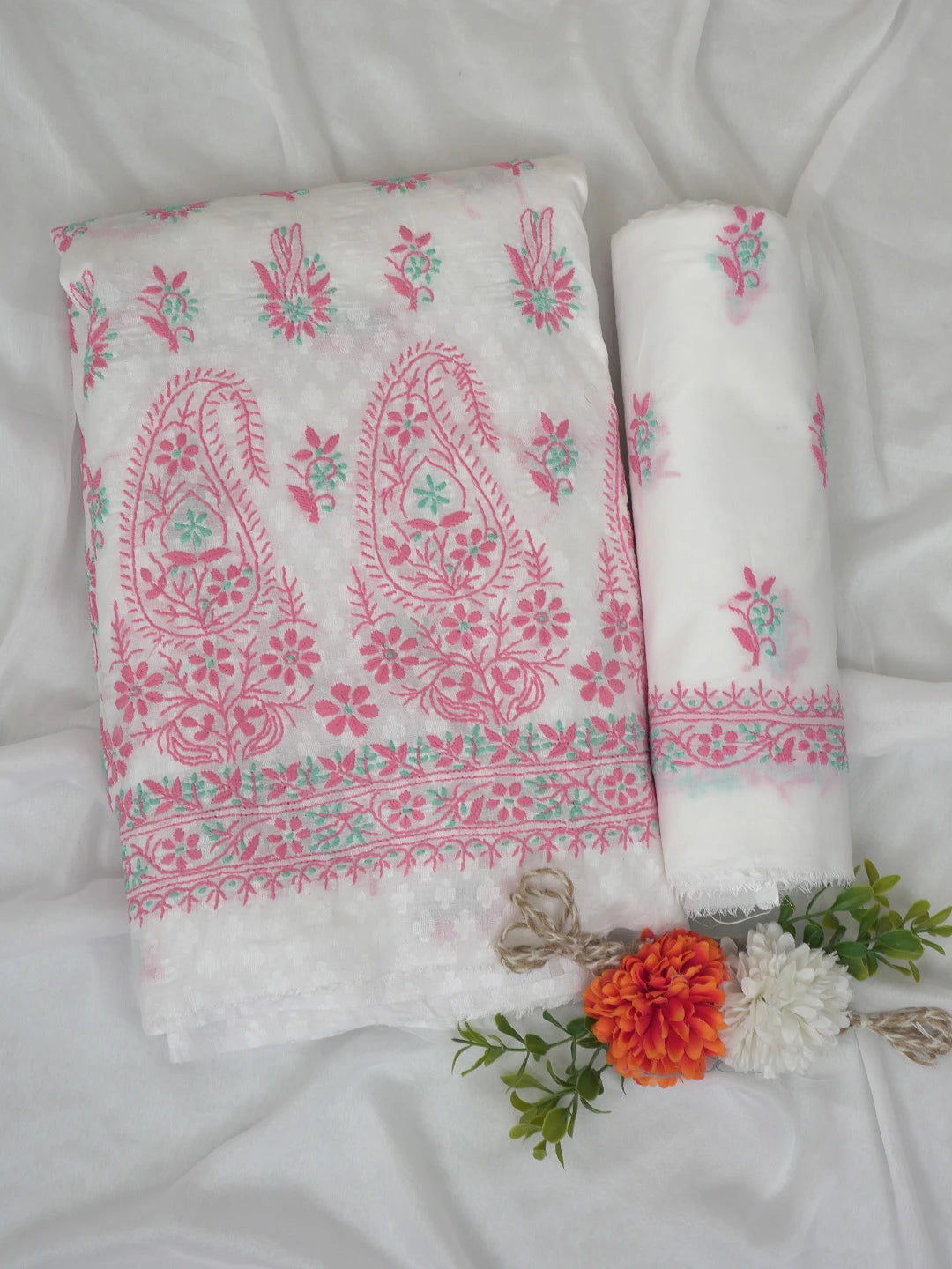 Ada Hand Embroidered White Cotton Lucknowi Chikankari Unstitched Suit Piece 01A765046