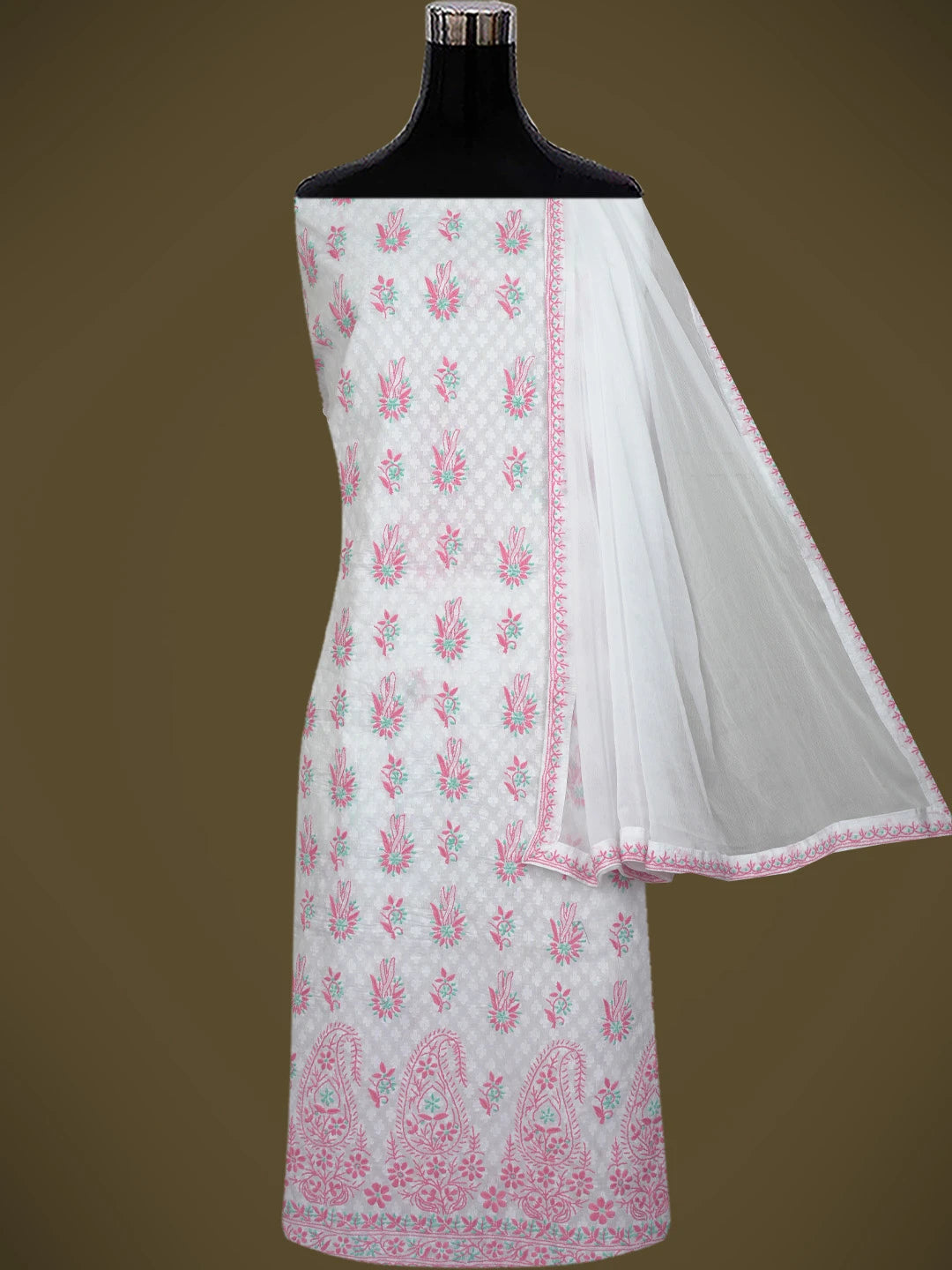 Ada Hand Embroidered White Cotton Lucknowi Chikankari Unstitched Suit Piece 01A765046