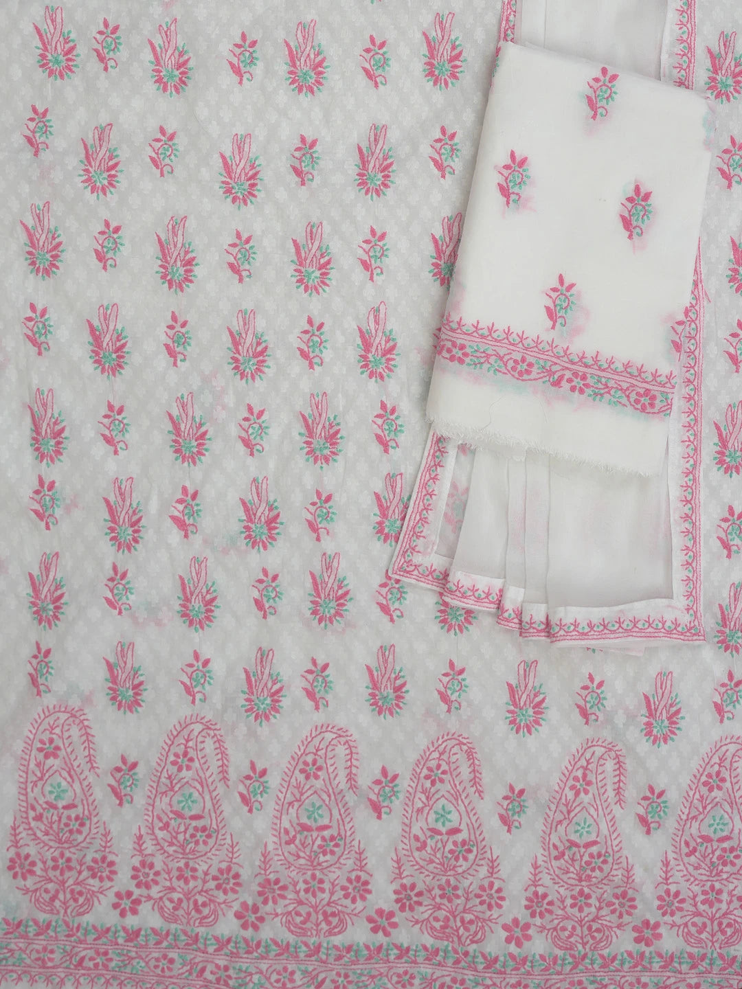 Ada Hand Embroidered White Cotton Lucknowi Chikankari Unstitched Suit Piece 01A765046