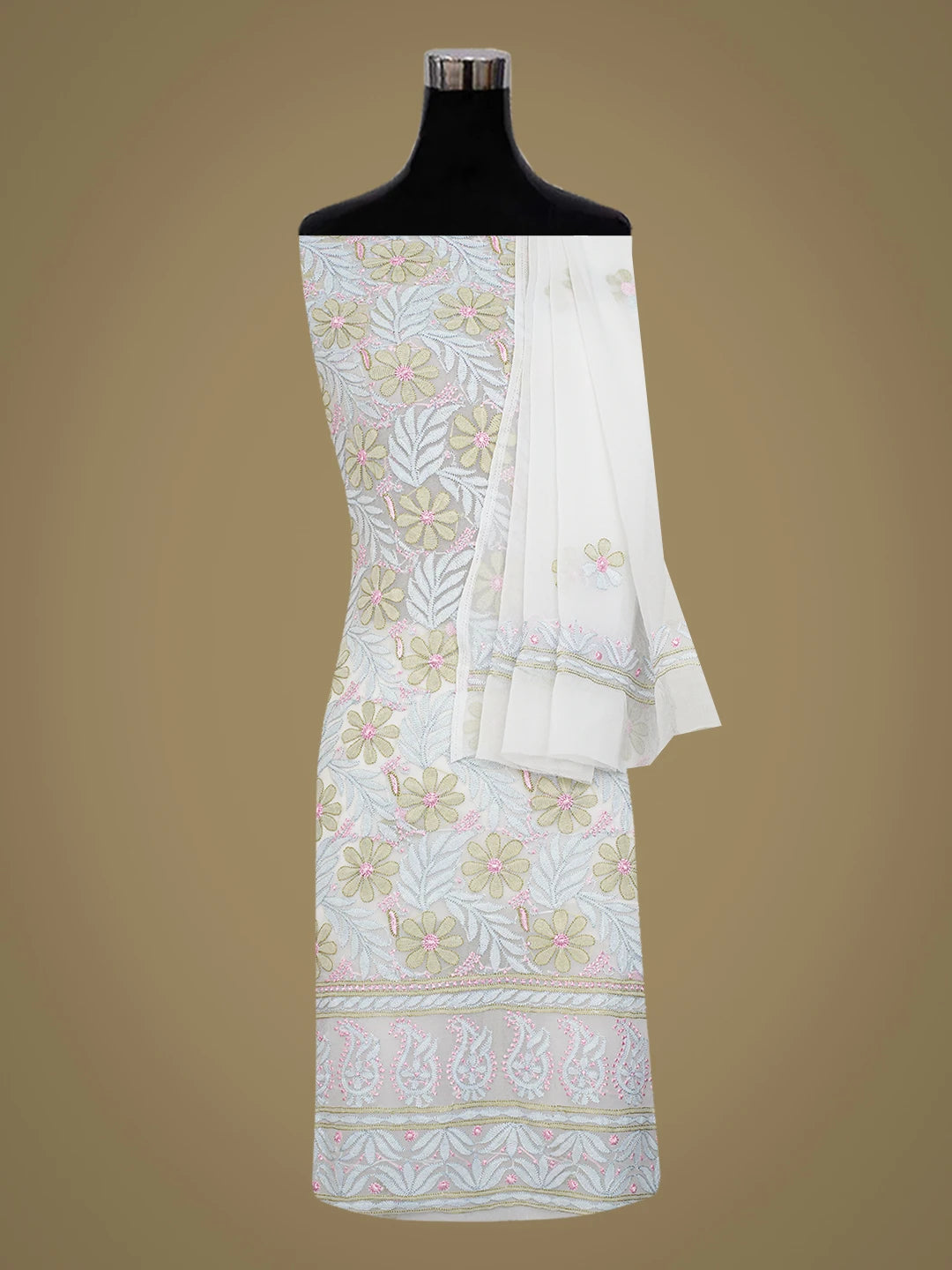 Ada Hand Embroidered White Georgette Lucknowi Chikankari Unstitched Suit Piece 01A758431