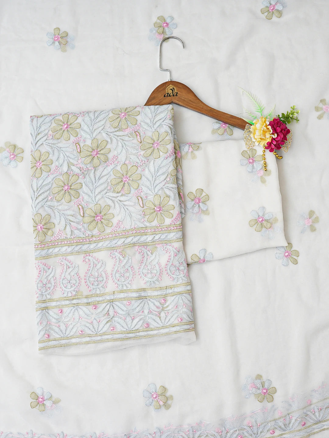 Ada Hand Embroidered White Georgette Lucknowi Chikankari Unstitched Suit Piece 01A758431