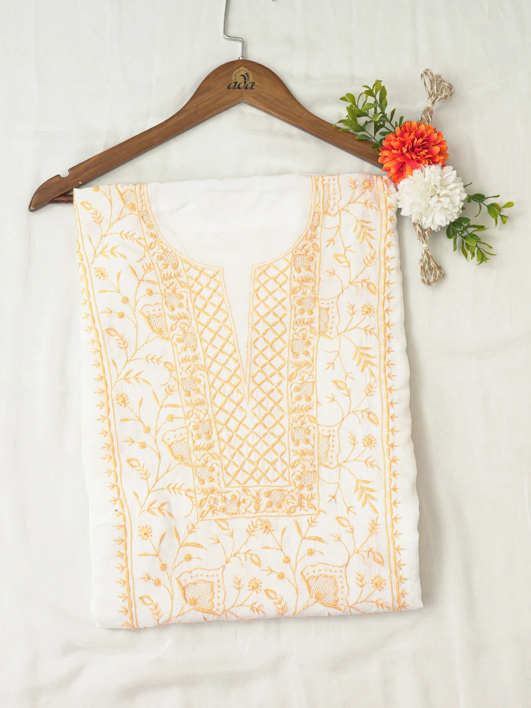 Ada Hand Embroidered White Modal Lucknowi Chikankari Unstitched Kurta Dupatta Set 01A754650