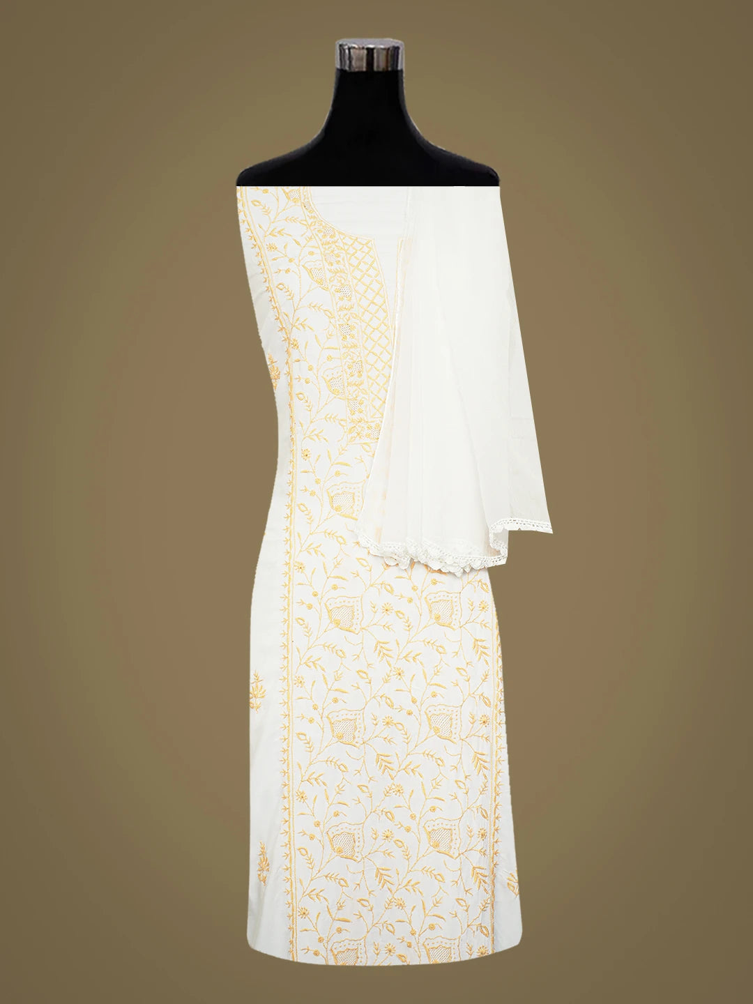 Ada Hand Embroidered White Modal Lucknowi Chikankari Unstitched Kurta Dupatta Set 01A754650