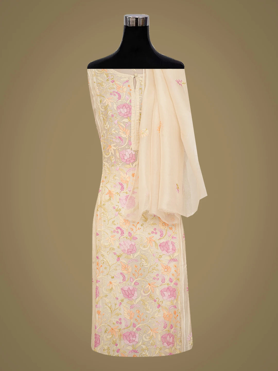 Ada Hand Embroidered Fawn Organza Lucknowi Chikankari Semi-Stitched Kurta Dupatta Set 01A759807