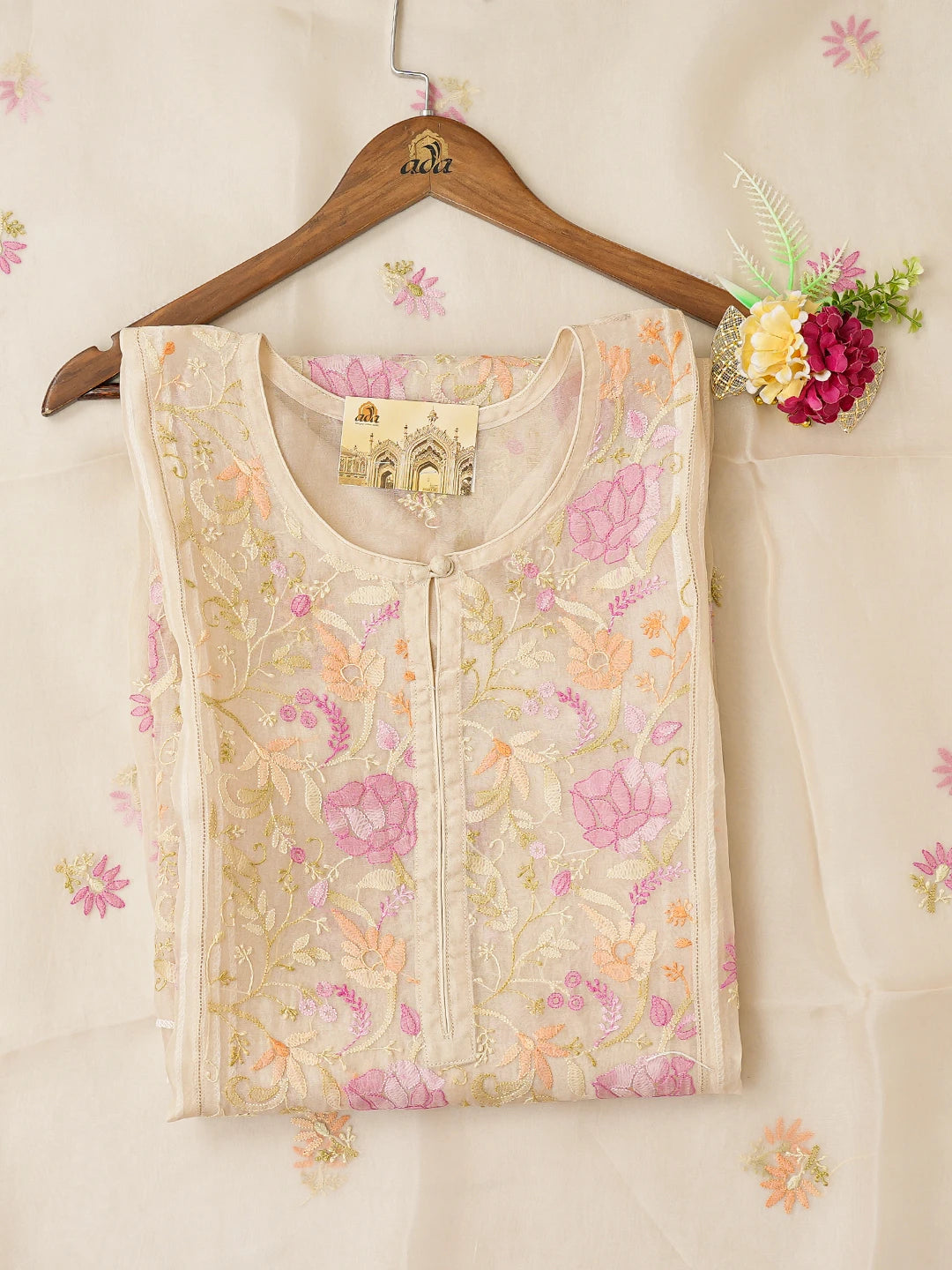 Ada Hand Embroidered Fawn Organza Lucknowi Chikankari Semi-Stitched Kurta Dupatta Set 01A759807