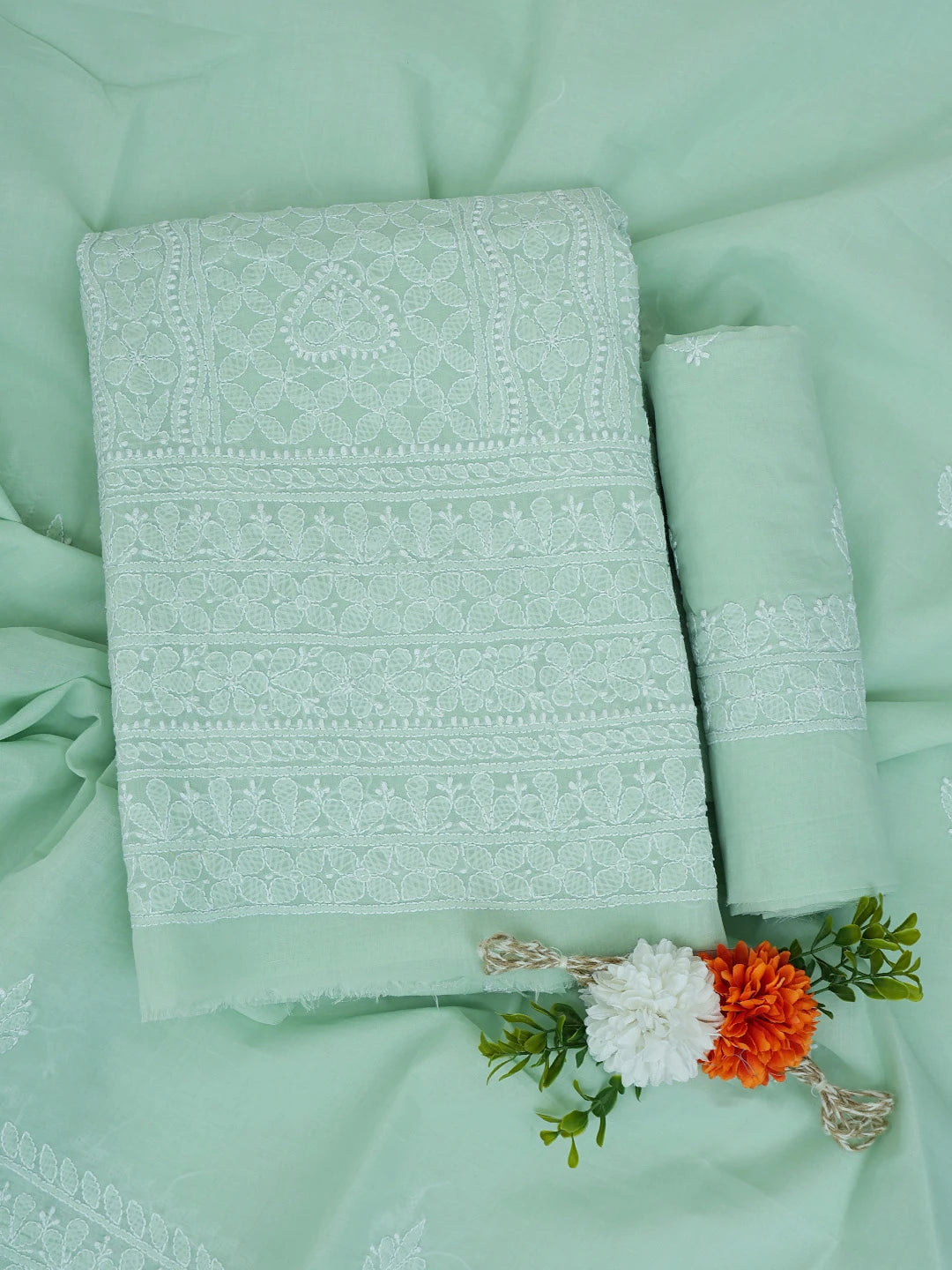Ada Hand Embroidered Sea Green Cotton Lucknowi Chikankari Unstitched Suit Piece 01A764941