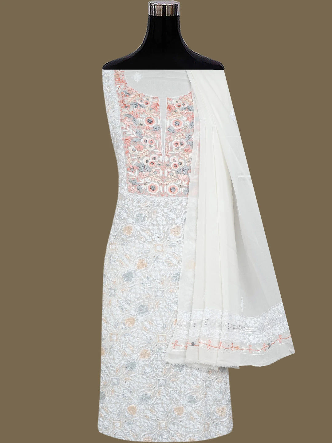 Ada Hand Embroidered White Pure Georgette Lucknowi Chikankari Unstitched Kurta Dupatta Set With Parsi Work 01A752403