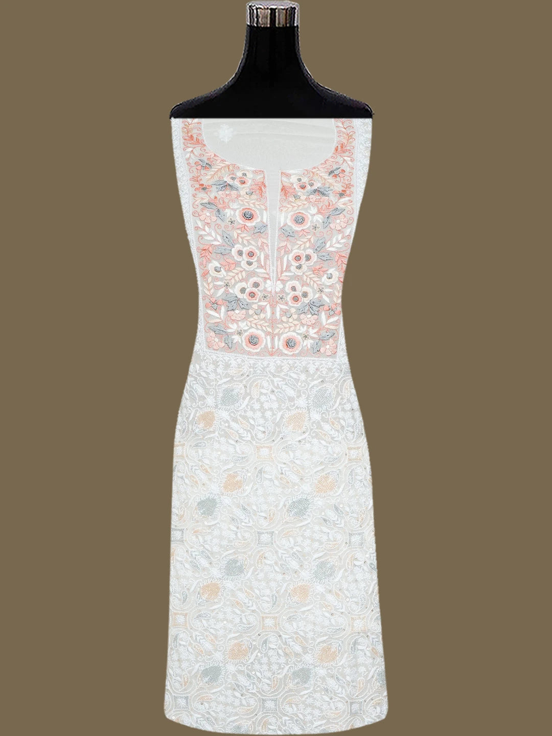 Ada Hand Embroidered White Pure Georgette Lucknowi Chikankari Unstitched Kurta Dupatta Set With Parsi Work 01A752403