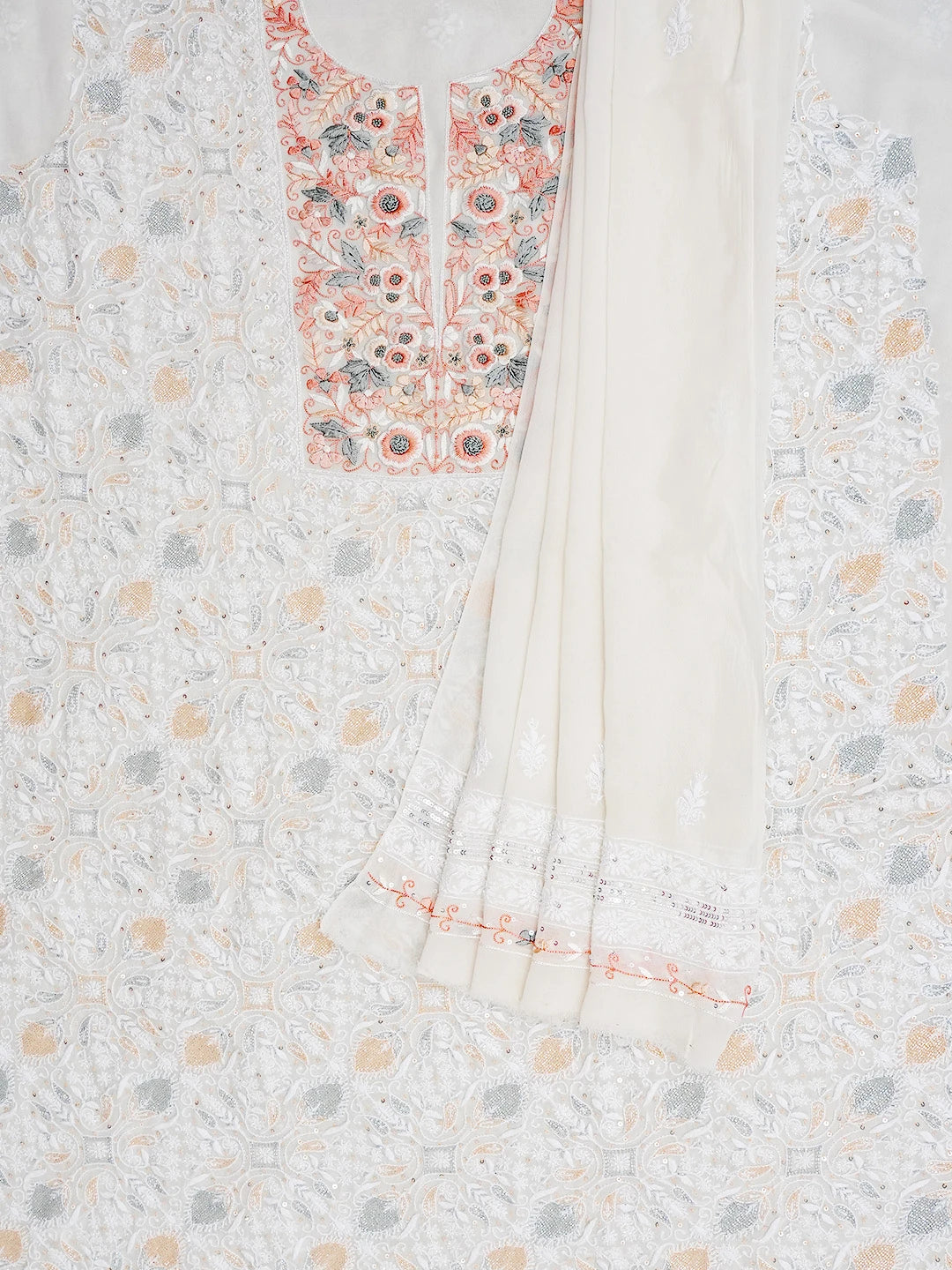 Ada Hand Embroidered White Pure Georgette Lucknowi Chikankari Unstitched Kurta Dupatta Set With Parsi Work 01A752403