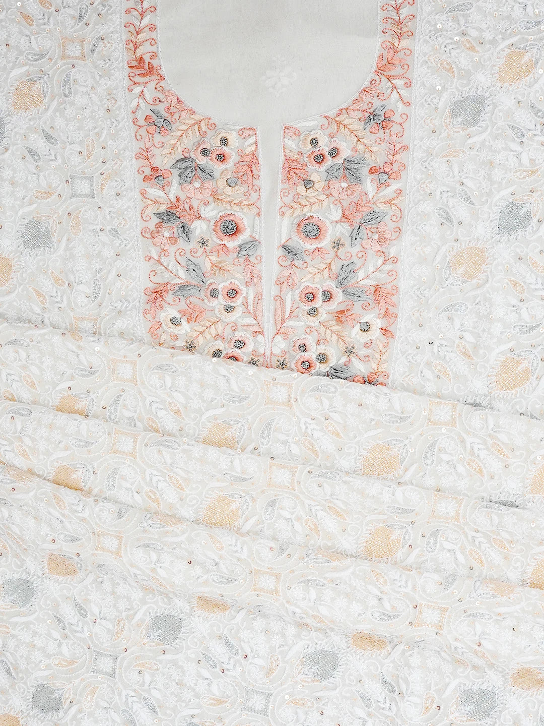 Ada Hand Embroidered White Pure Georgette Lucknowi Chikankari Unstitched Kurta Dupatta Set With Parsi Work 01A752403