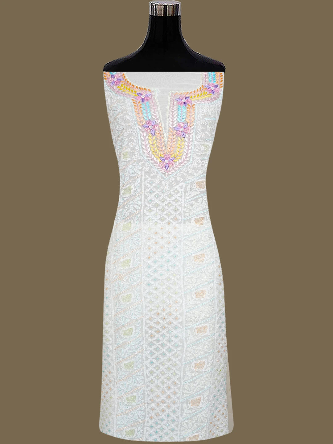 Ada Hand Embroidered White Viscose Georgette Lucknowi Chikankari Unstitched Kurta Dupatta Set With Parsi Work 01A757780