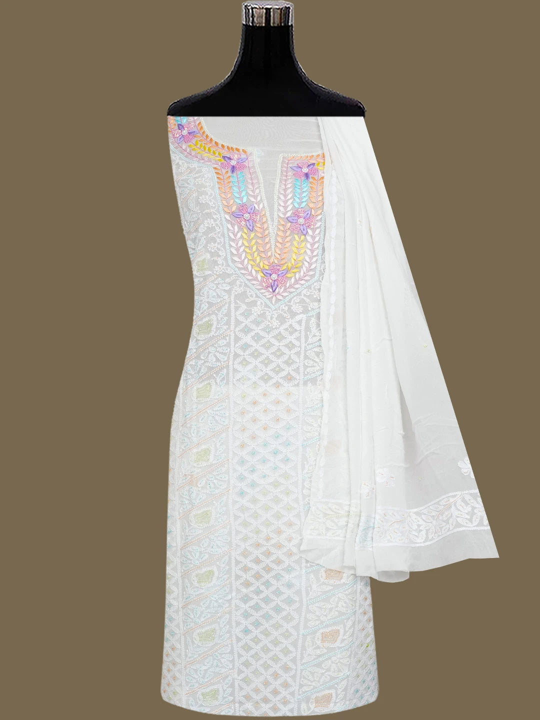 Ada Hand Embroidered White Viscose Georgette Lucknowi Chikankari Unstitched Kurta Dupatta Set With Parsi Work 01A757780