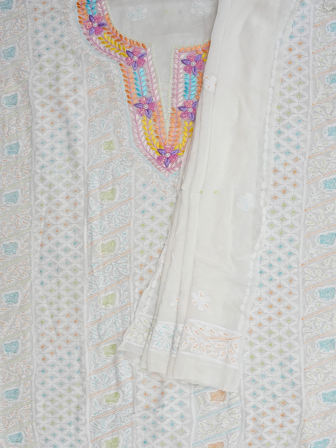 Ada Hand Embroidered White Viscose Georgette Lucknowi Chikankari Unstitched Kurta Dupatta Set With Parsi Work 01A757780