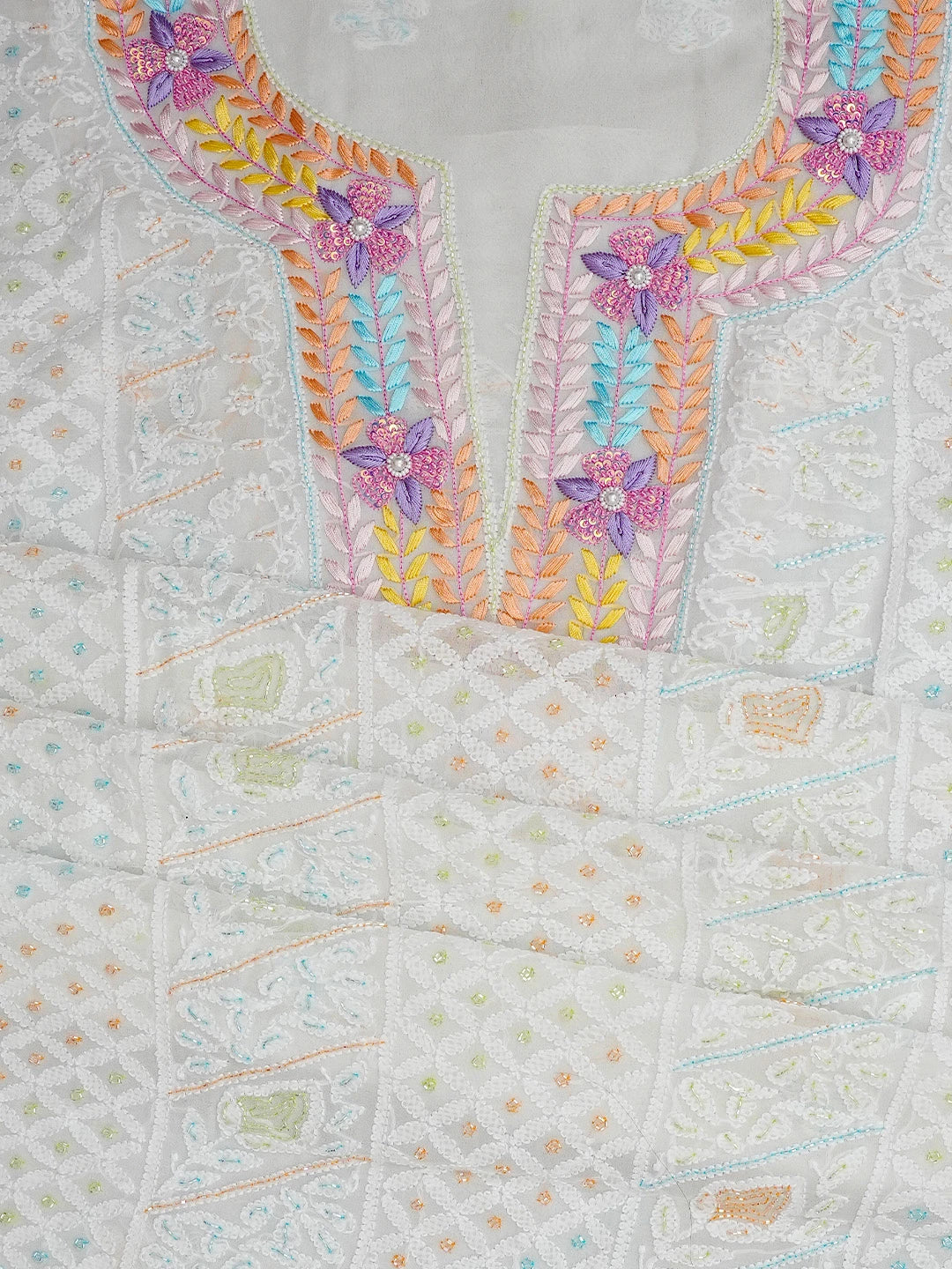 Ada Hand Embroidered White Viscose Georgette Lucknowi Chikankari Unstitched Kurta Dupatta Set With Parsi Work 01A757780