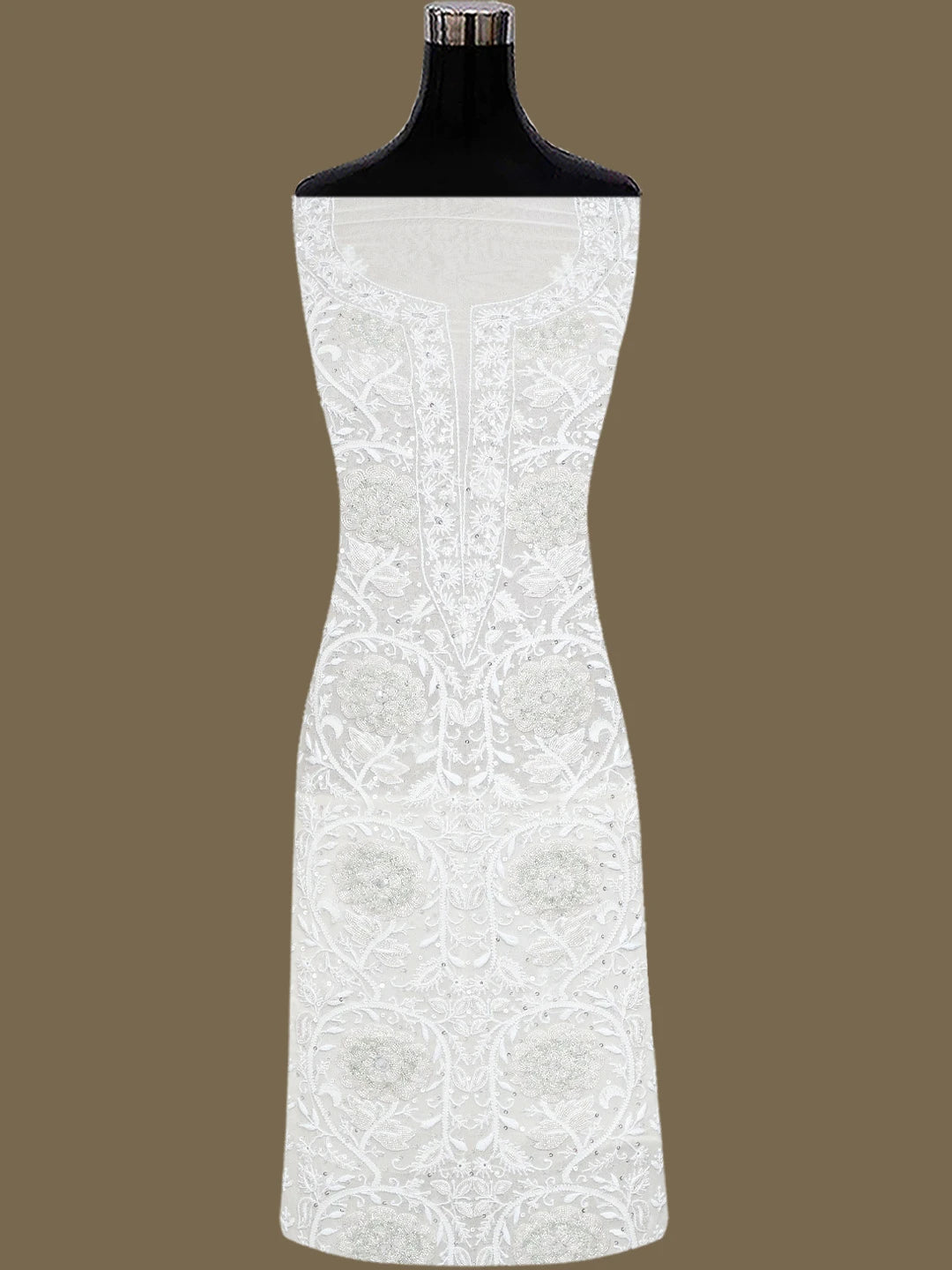 Ada Hand Embroidered White Pure Georgette Lucknowi Chikankari Unstitched Kurta Dupatta Set With Cutdana Work 01A752401