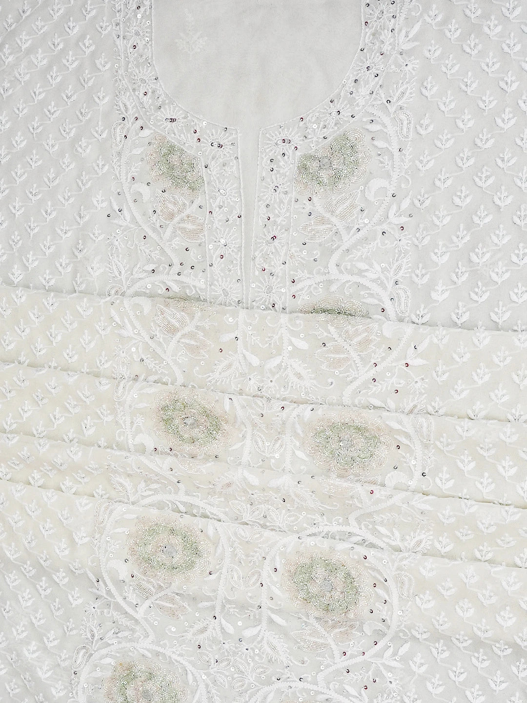 Ada Hand Embroidered White Pure Georgette Lucknowi Chikankari Unstitched Kurta Dupatta Set With Cutdana Work 01A752401